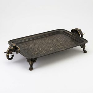 Handmade 48 cm Dark Antique Brass Serving Tray with Artistic Sculptural Handles & Gajraj Cast <b>Elephant</b> Home <b>Decor</b> H - Product Image 1