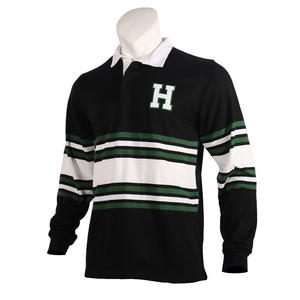 Men's Long Sleeve Rugby Shirt Black Green White Striped Embroidered H Logo Turn-<b>Down</b> Collar Full Sleeve Regular Fit - Product Image 6