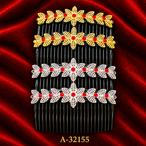 Peineta para el Cabello Hecha a Mano en Oro Vintage con Diseño de Diamantes de Imitación Rojos, 13 CM, Modelo Nupcial A-32154, Alta Calidad - Product Image 4