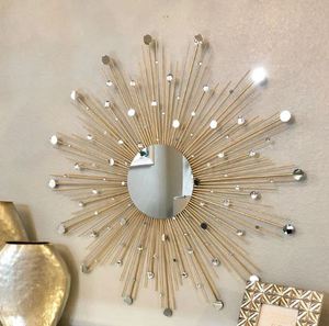 Wholesale European Style Sunburst Round Metal <b>Frame</b> Wall Mirror Crystal Accent Decorative Wall Hanging Mirror for Living Room - Product Image 5