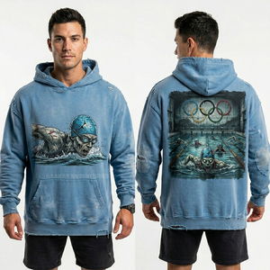 Sweat-shirt à capuche bleu clair délavé pour homme, imprimé graphique Zombie Swimmer, thème piscine et sport, en molleton de coton épais - Product Image 1