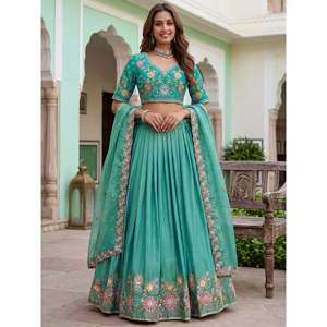Women's Sea Green Floral <b>Embroidery</b> Organza Lehenga Choli <b>Set</b> with Dupatta - Product Image 6