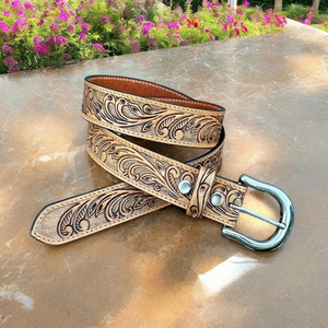 Nuevo Cinturón de Cuero Genuino con Grabado Floral Occidental para Hombre, con Hebilla de Latón, Logotipo Personalizado, Cinturones de Cuero de Grano Completo para Hombre - Product Image 5