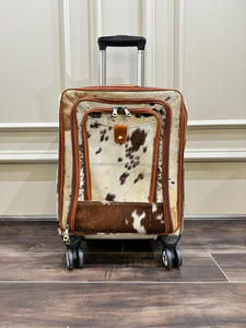 Real Handmade Hair on Hide Cowhide Leather Luggage <b>Trolley</b> Bags Personalized Weekender Overnighter <b>Trolley</b> Luggage With Wheels - Product Image 3