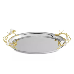 ถาดเสิร์ฟลายดอกกล้วยไม้สีดำสไตล์วินเทจ ทำด้วยมือจากสแตนเลสและชุบนิกเกิล รูปทรงสี่เหลี่ยมผืนผ้า พร้อมหูจับ สำหรับตกแต่งบ้าน - Product Image 2