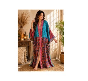 <b>Light</b> Weight Silk Long Dressing Gown With Two pocket Patchwork Silk Kimono Robe For Women - Product Image 1