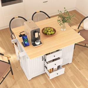 55.7\" Large <b>Kitchen</b> Island with 2 Drop Leaf and 5 Wheels Rolling <b>Kitchen</b> Cart with Power Outlet <b>Folding</b> Storage Dining <b>Table</b> - Product Image 2