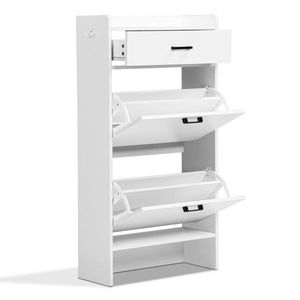 Scarpiera a 2 livelli bianca 100x25x117cm in truciolato con sportello a ribalta, panca imbottita e appendiabiti a 1 gancio - Product Image 2