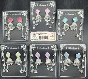 Oxidised Silver Plated Flower <b>Stud</b> Rhinestone Center Multi <b>Chain</b> Ghungroo Drop <b>Earrings</b> Ethnic Statement Jewelry - Product Image 3