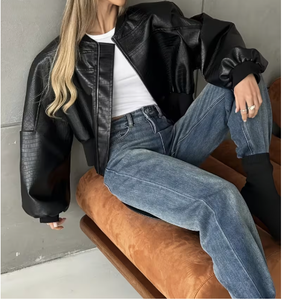 Black PU Bomber Jacket With Batwing Sleeve Turn-down Collar Zipper Front Casual Short Length Autumn Outerwear Unisex Wholesale - Product Image 6