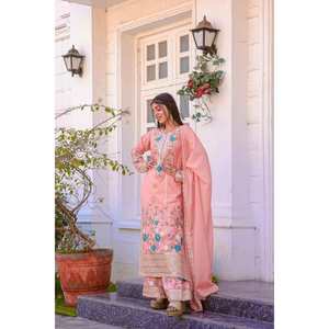 DISEÑADOR CHINON BORDADO SECUENCIA DAIMOND TRABAJO A MANO TOP PALAZZO CON DUPATTA PEACH - Product Image 1