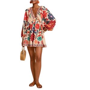 Vestidos Mini Boho Florales con Cuello en V para Mujer, Mangas Abullonadas, Espalda Descubierta con Lazo, Vestido Tropical - Product Image 1