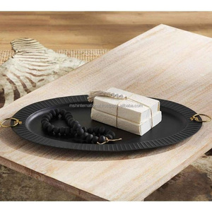 Black Oval Handmade <b>Serving</b> <b>Tray</b> <b>Gold</b> Handles Checkered Pattern Powder Coated Finish Ms Hussain International Restaurant Use - Product Image 1