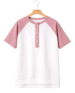 Women White Dusty Pink Raglan Sleeve Henley T Shirt Cotton Blend Short Sleeve Casual Summer <b>Top</b> Comfortable Lightweight Tee Wear - Product Image 1