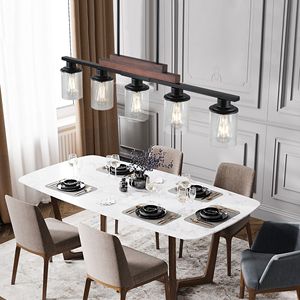 Lampadario Industriale Stile Fattoria a 5 Luci per Isola Cucina, 37 Pollici, Altezza Regolabile, in Metallo e Legno con Paralumi in Vetro Trasparente - Product Image 4