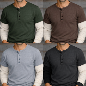 Mens Heavyweight Cotton Garment Dyed Henley <b>Shirt</b> Long <b>Waffle</b> Thermal Sleeves Contrast Hem Durable Layered Design Winter - Product Image 2