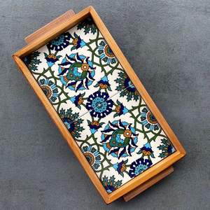 Plateau de service rustique en bois émaillé pour la cuisine, le thé, le café, les collations, l'hôtellerie, la restauration, plateau artisanal avec motifs artistiques traditionnels - Product Image 1