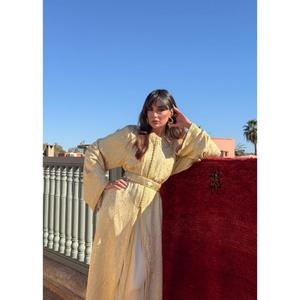Two-piece <b>Kaftan</b> Golden Silk Brocade Finished Silk <b>Gold</b> Buttons Designed With Refined Completed Matching Belt Define The Waist - Product Image 3