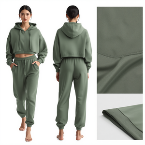 Conjunto Deportivo Casual de Invierno para Mujer, Talla Grande, con Capucha, 100% Algodón, Pantalones Deportivos de Cintura Alta, Top Corto, Cierre con Cordón, Bolsillos Laterales, para Gimnasio - Product Image 4
