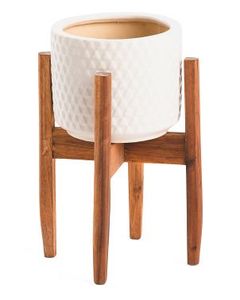 Maceta Moderna de Metal para Suculentas con Soporte de Madera, Acabado Glaseado, Patrón Irregular, Diseño Minimalista para Interiores - Product Image 4