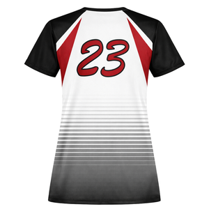 Camiseta de Softbol Sublimada con Tinte Completo, Degradado Blanco, Negro y Rojo, Cuello en V, Uniforme Personalizado para Equipo con Número Impreso en la Espalda - Product Image 3