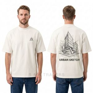 เสื้อยืดครีมดรอปโชลเดอร์พร้อมกราฟิกด้านหลังลายสถาปัตยกรรมเมืองสไตล์มินิมอลลำลองแนวสตรีทแวร์ - Product Image 3