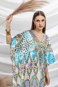 Hot Sale Designer Turkish Style <b>Kaftan</b> Kurta Women Polyester Handmade Batwing Sleeves V Neck Regular Fit Flared Hem Ramadan - Product Image 5