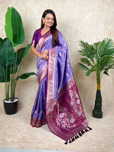 Sari en soie de Banarasi avec motif tissé Zari, accompagné d'un morceau de blouse non cousu, ensemble de vêtements régionaux EL-Chal DC - Product Image 2
