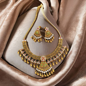 Traditional Indian gold tone <b>necklace</b> <b>set</b> with temple design jhumka <b>earrings</b> bridal ethnic jewelry for weddings festivals - Product Image 4