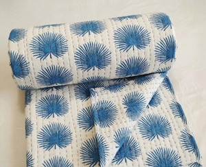 Traditional Cotton Kantha Quilt Hand Printed Blue Palm Pattern White Bedcover All Season Home Use - Product Image 4