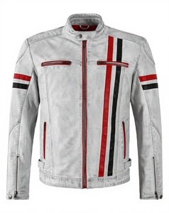 เสื้อแจ็คเก็ตหนังแท้สไตล์คาเฟ่เรเซอร์สีขาวลายแดงดำสำหรับผู้ชาย รุ่น 5033 - Product Image 1