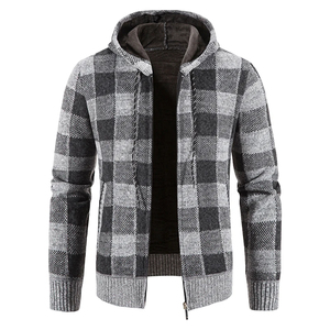 <b>Men</b> Plaid Hooded Fleece Knit Jacket Zip Up Casual <b>Cardigan</b> Thick Winter Outerwear - Product Image 2