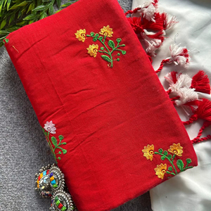 Original Khadi Cotton Indian Traditional Wear Women's <b>Saree</b> Embroidered Flower Design Wrinkle Free Moisture Wicking - Product Image 1