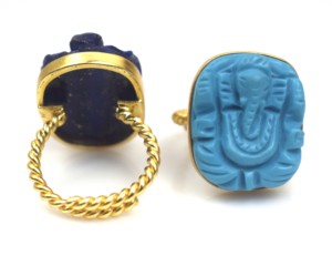 Handcrafted 18K Gold Plated Turquoise & <b>Lapis</b> <b>Lazuli</b> Ganesha Carving <b>Rings</b>-Bohemian Style Party Engagement Wedding Gift - Product Image 1