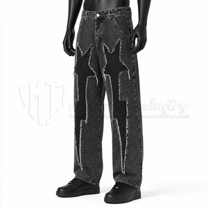 Jeans amples pour hommes, écologiques, respirants, noirs délavés, taille mi-haute, avec surpiqûres contrastées, style streetwear, vente en gros - Product Image 3