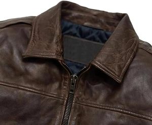 Men's Classic Brown Vintage Coated Leather Flight Bomber <b>Jacket</b> with Stand Collar and Front Logo - Product Image 5