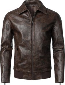 <b>Men</b> Brown PU <b>Leather</b> Moto Biker <b>Jacket</b> Zipper Front Turn-down Collar Slim Fit Regular Sleeve Solid Color Autumn Style - Product Image 1