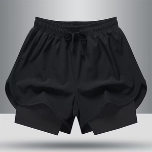 Shorts pour hommes noirs à séchage rapide avec cordon de serrage, taille mi-haute, décontractés, longueur courte, couleur unie, en polyester tricoté, pour le sport - Product Image 1