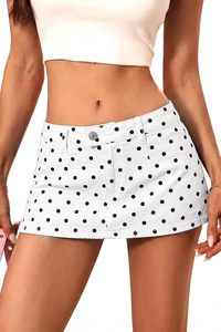 Mini-jupe en jean blanc à pois, coupe trapèze, style décontracté d'été, ajustement régulier pour femme, boutonnée sur le devant, en tissu tissé - Product Image 2