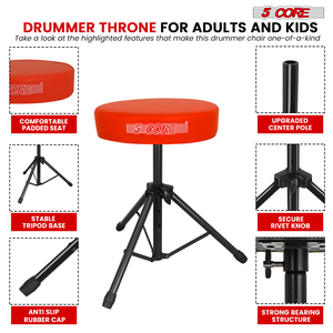 Taburete de Batería de 5 Núcleos con Base de Espuma Viscoelástica Acolchada de 3 Pulgadas de Grosor, Cómodo para Bateristas, Capacidad de 330 Libras, Ajustable - Product Image 3
