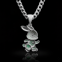 Pendentif Lapin de dessin animé glacé en diamant de laboratoire taille brillant, en argent sterling plaqué or blanc et rhodium, breloque tendance Hip Hop