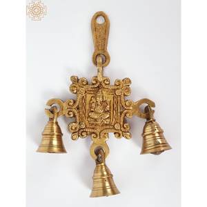 กระดิ่งทองเหลืองแขวนผนังพระพิฆเนศขนาด7นิ้วทำด้วยมือผลิตในอินเดีย - Product Image 1