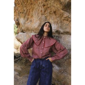 Blusa de Mujer a Cuadros de Manga Larga con Cuello Marinero, Tejida 100% Algodón, Cierre de Botones Frontales, Uso Diario Informal, Primavera/Verano, Corte Holgado, ODM - Product Image 1