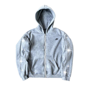 Sweat à capuche zippé pour homme avec détails en strass, en molleton de coton, coupe oversize, style streetwear épuré et minimaliste, service OEM personnalisé - Product Image 1