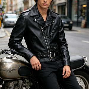Chaqueta de Motociclista de Cuero Genuino para Hombre, Cuello Camisero, Cierre de Cremallera, Cinturón, Color Sólido, para Otoño e Invierno - Product Image 5