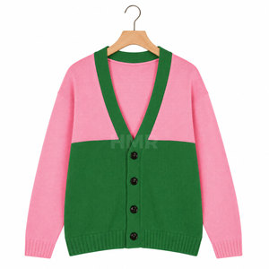 HMR Sisterhood Sorority <b>Acrylic</b> Pink Green Color <b>Block</b> Knitted Cardigan V Neck Long Sleeve Casual Top - Product Image 5