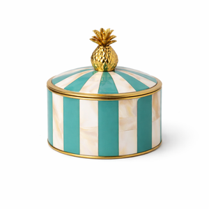 Boîte décorative tendance en os incrusté de rayures turquoise et ivoire avec couvercle en ananas doré, pot de rangement de luxe pour coiffeuse et décoration intérieure - Product Image 1