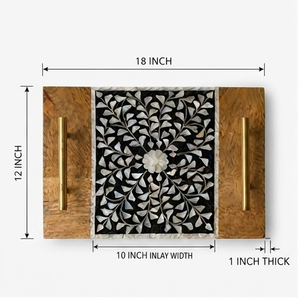 Plateau décoratif en bois de manguier rectangulaire rustique fait main avec poignées en laiton, incrustation MOP, motif floral, pièce unique - Product Image 2