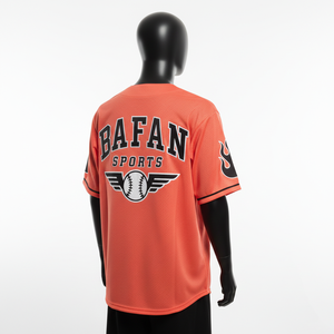 Camiseta 100% algodón para hombre, corte holgado, estampada, estilo jersey de béisbol, color naranja, con botones, paneles negros, logotipo bordado en sarga. - Product Image 5