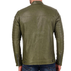 Blouson moto homme en cuir PU vert olive, col montant, fermeture éclair, coupe ajustée, longueur standard, pour l'automne - Product Image 2